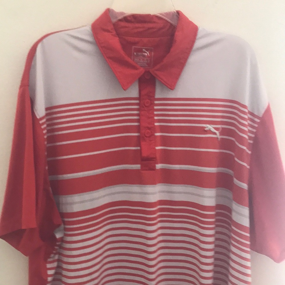 Puma Men's Red and White Striped Polo Shirt